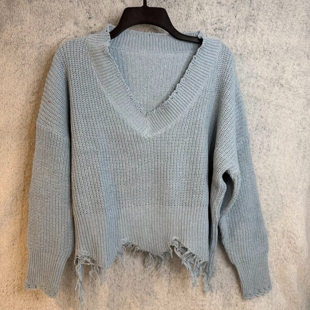Unbranded Pale Blue Long Sleeve Oversized Crop Fringe Sweater SIZE: XL